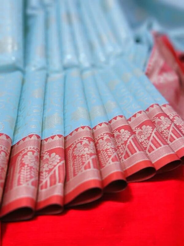 Elegant Light Sky Blue & Red Combination Soft Katan Silk Saree